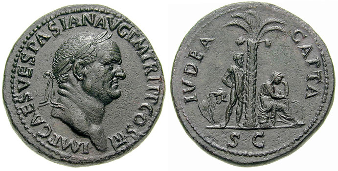 A Judaea Capta sestertius of Vespasian, 71 CE — obverse with the emperor's laureate head; reverse with a date palm between a standing Roman figure and Judea seated in mourning, inscribed IVDEA CAPTA.
