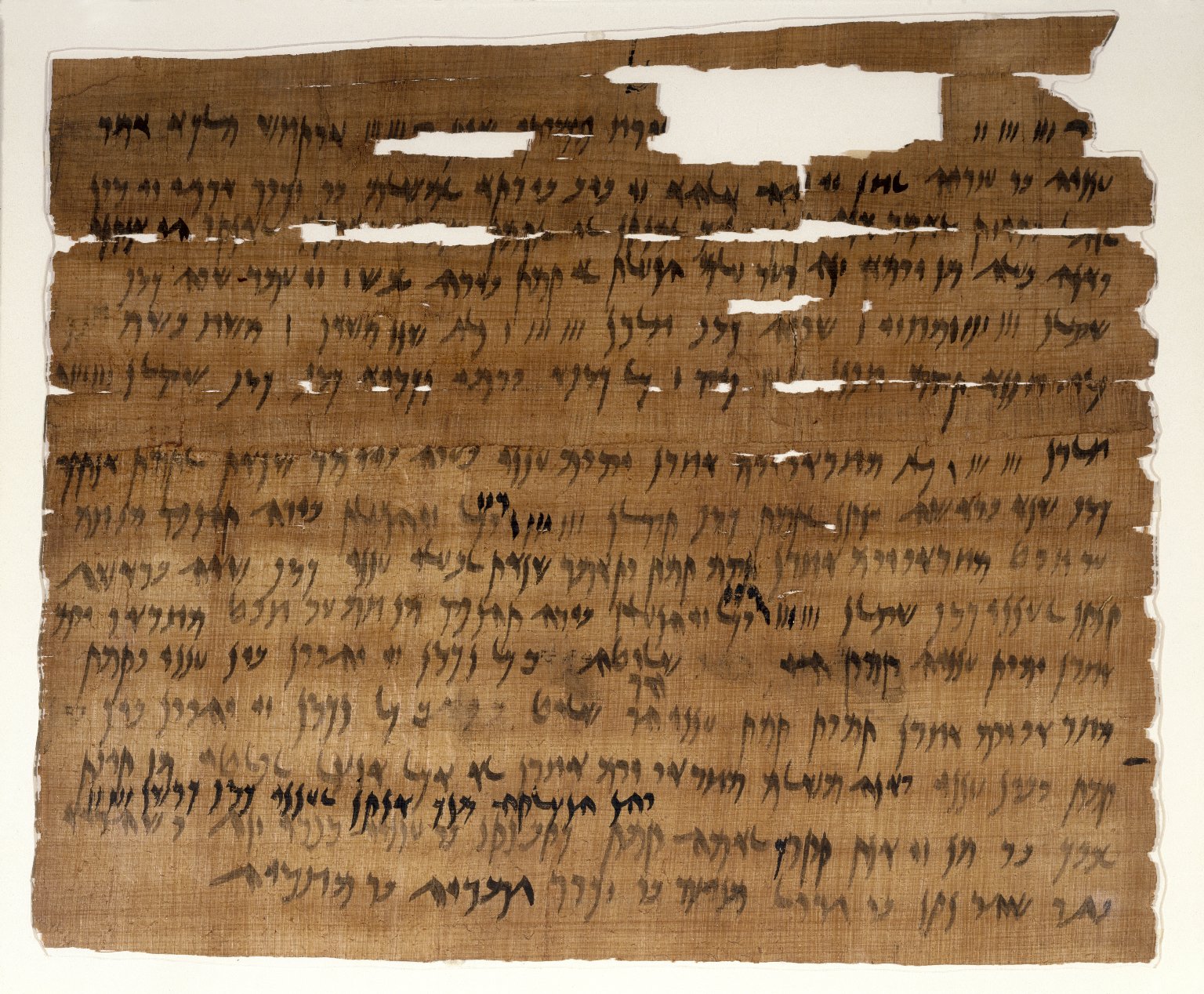 The Aramaic marriage document of Ananiah and Tamut, 3 July 449 BCE — a broad papyrus sheet of neat Aramaic lines with a ragged lower edge, Brooklyn Museum 47.218.89.
