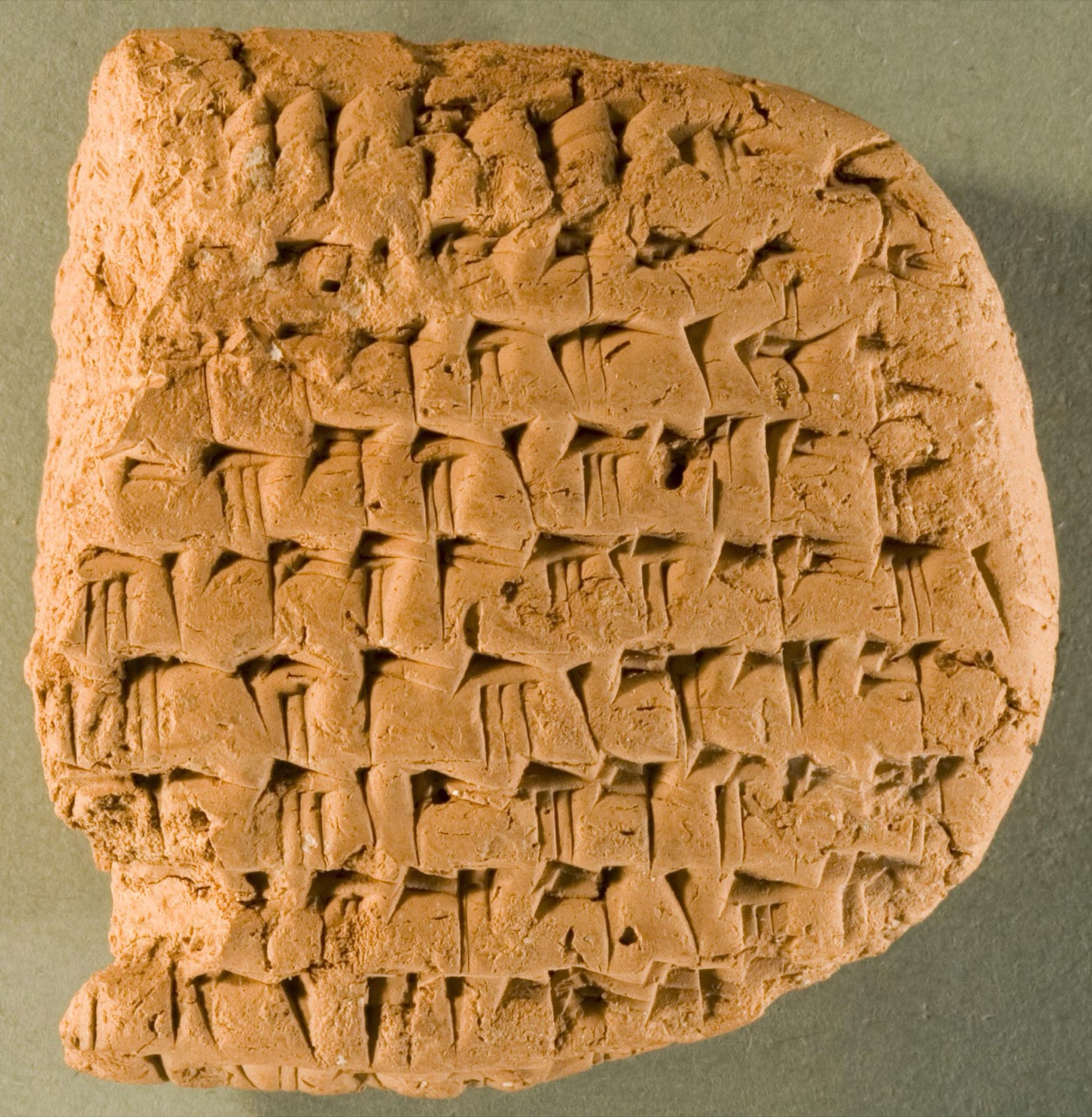 A palm-sized clay tablet from the Persepolis Fortification archive, its rounded surface covered in deeply impressed cuneiform signs.
