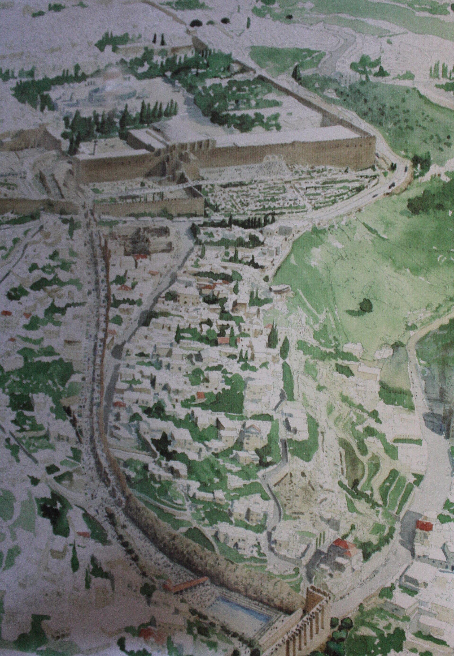 The excavated Pilgrimage Road in the City of David — broad ancient stone steps ascending between excavation walls, lit from above.
