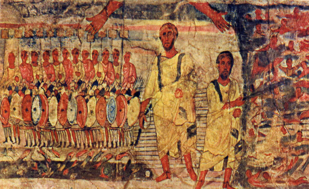 Wall painting from the Dura-Europos synagogue showing the Israelites crossing the Red Sea — files of figures led out of Egypt with the Egyptian host engulfed in the water.
