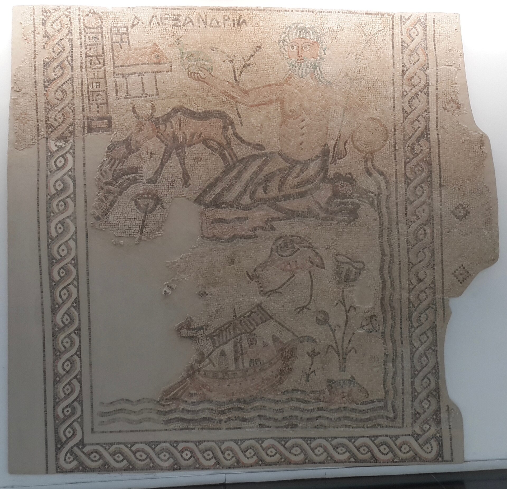 The House of Leontis mosaic — Odysseus and the sirens above a Nilotic river scene, in colored tesserae, as displayed at the Israel Museum.