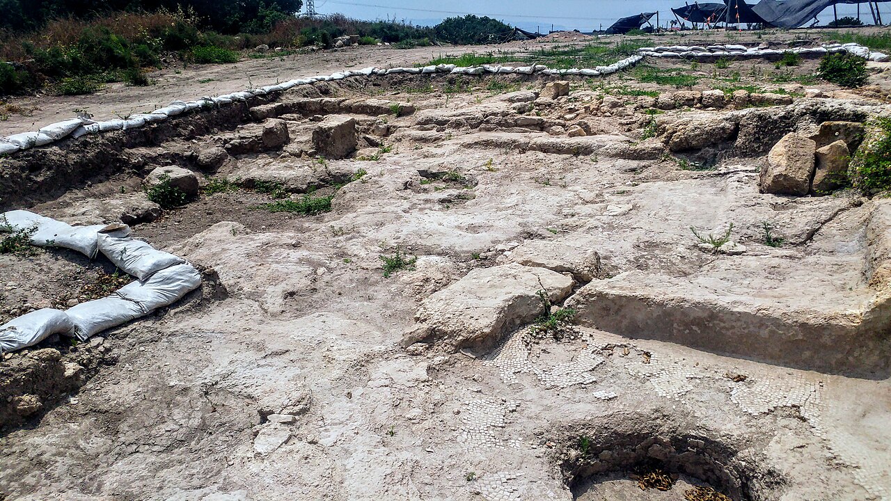 The excavations at Horbat Usha — exposed wall lines, rock-cut installations, and patches of white mosaic floor at the site of the ancient Galilean town, with dig shelters in the background.
